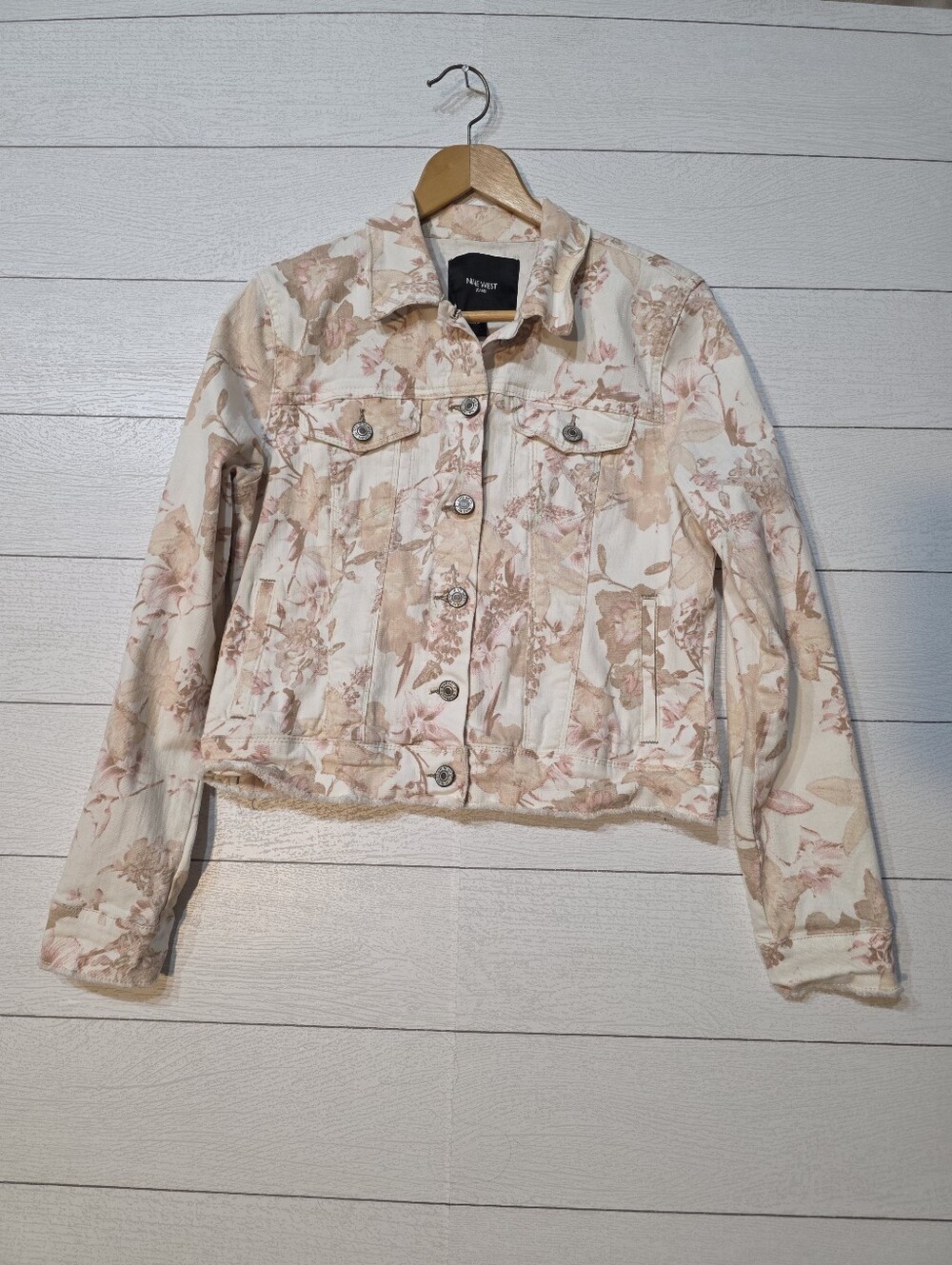 Nine West Floral Jean Jacket Floral Print Cream Denim Pink Flowers Medium